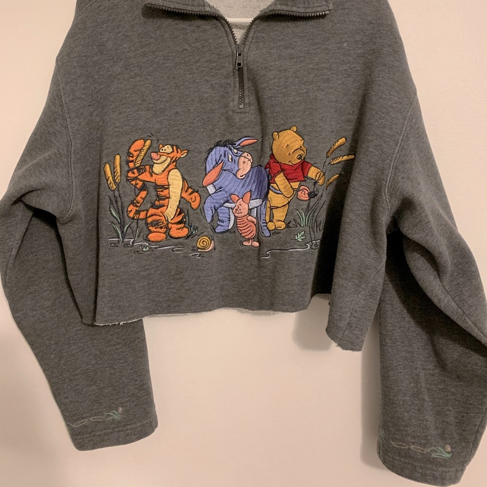gray collard winnie the pooh embroidered quarter zip sweater